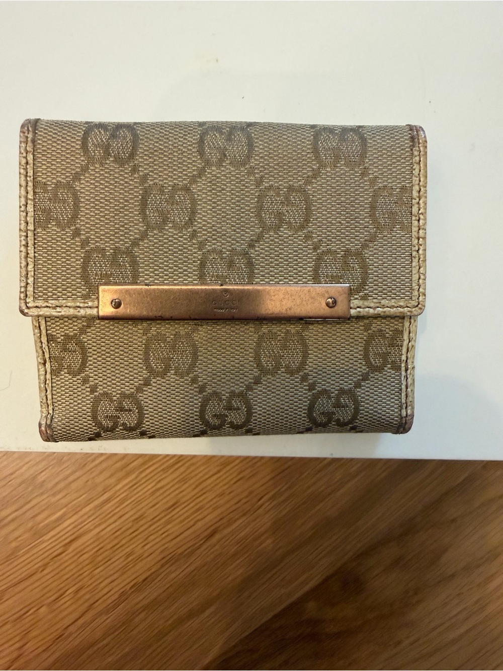 Gucci Beige Canvas Monogram Wallet with Rose Gold Accent